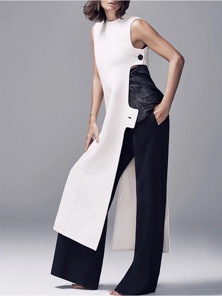 Fashion Plain Crew Neck Sleeveless Button Slit Dress Sexy Vintage Casual Chic Summer Slim Single Button High Street Long Dress
