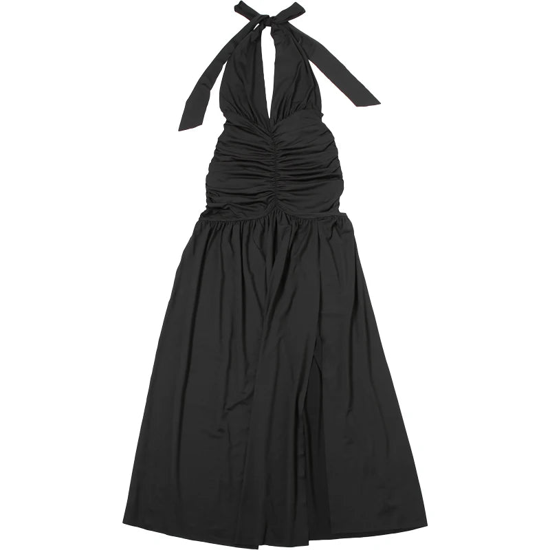 Weird Puss Deep V-Neck Halter Dress Woman Summer Ruffles Splits Backless Elegant Patchwork Solid Party Coquette Sexy Vestidos