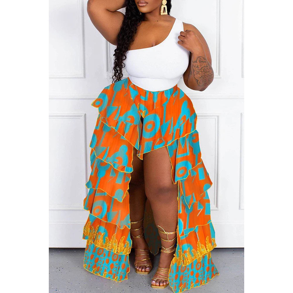Plus Size Boho All Over Print Multi Layered Tulle Ruffle Irregular Hem Tiered Slit Skirt
