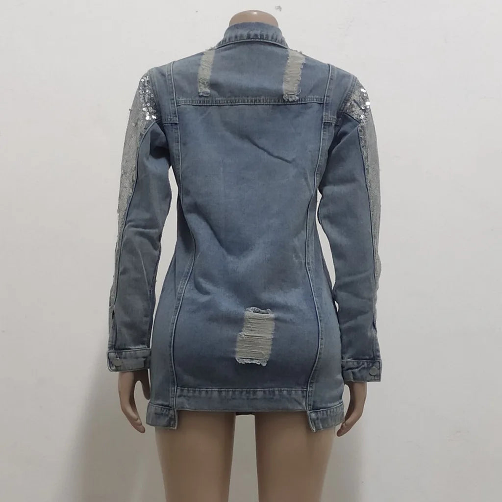 Jackets Women Denim Coat Hole Sequins Patchwork Single Breasted Turn Down Collar Y2k Vintage Streetwear 2025 Autumn Outerwear