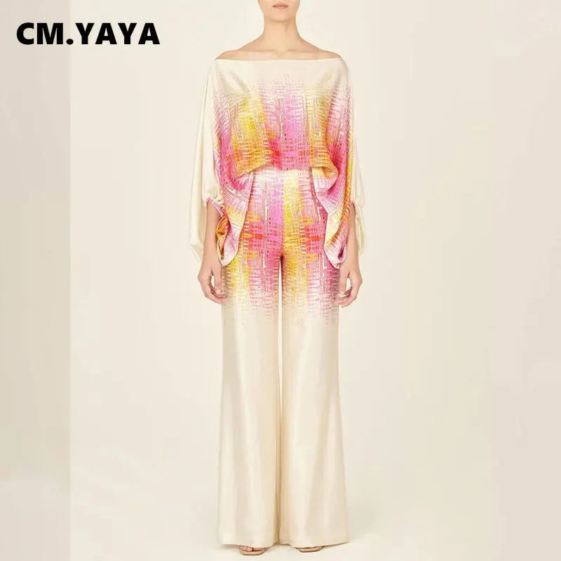 CM.YAYA Women Set Full Batwing Sleeve Slash Neck print Top + Wide Leg Pants Summer Street Two 2 Piece Sets Sexy Outfit Tracksuit