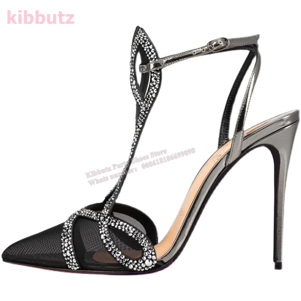 Glitter Sandals Patent Leather Pointed Toe Thin Heel Hollow Ankle Strap Buckle Solid Color Fashion Elegant Sexy Women Shoes New