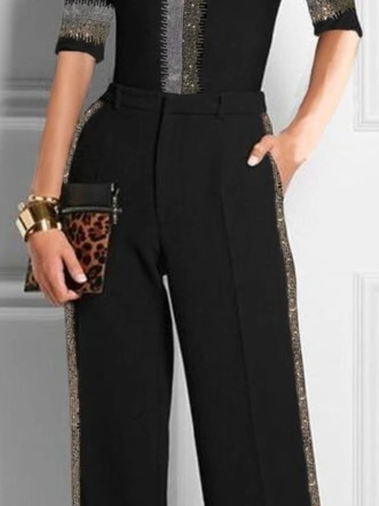 Beautyblue Women's Wide Pants Contrast Sequin Trousers 2025 New High Waisted Loose Pockets Fashion Casual Loose Female Bottom