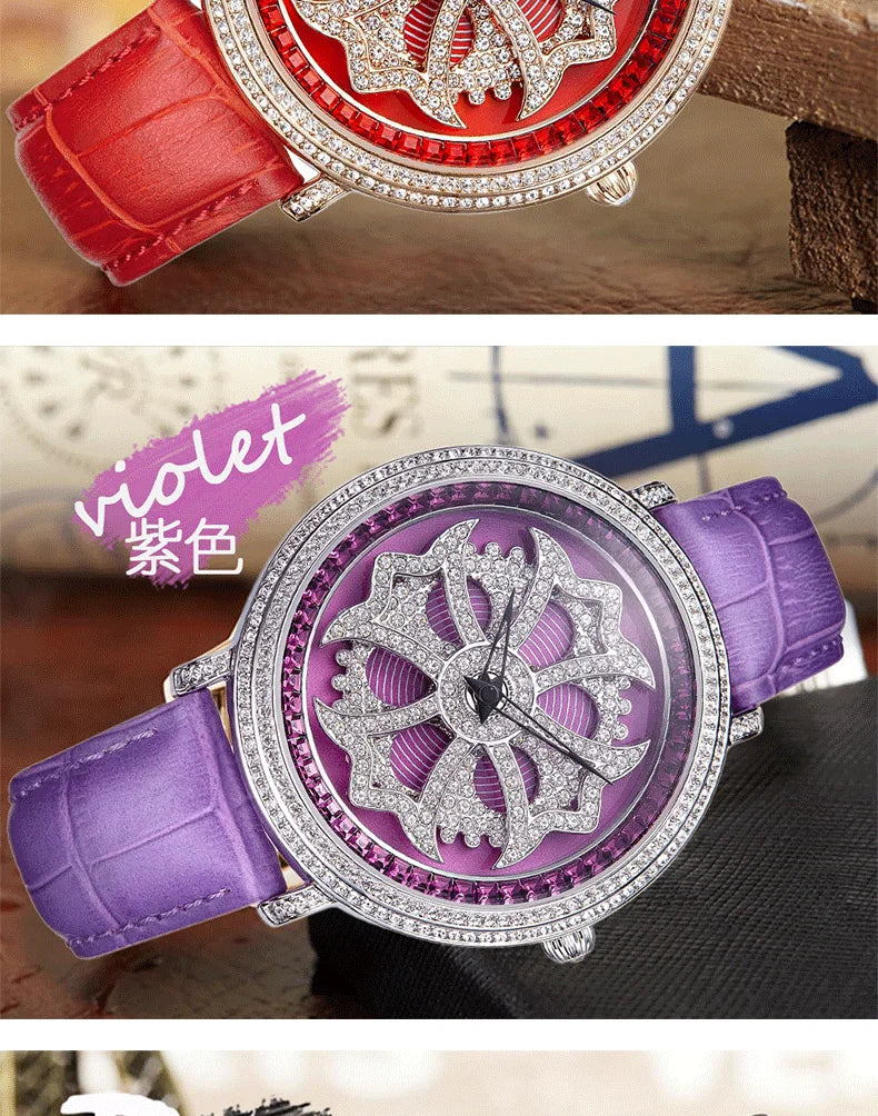 Luxury Davena Spin Snow Flower Women's Watch Japan Mov't Crystal Lady Hours Fine Fashion Real Leather Bracelet Girl's Gift Box