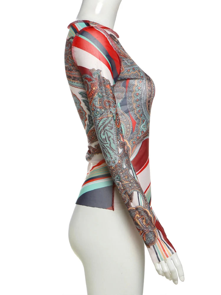 Weird Puss Colorful Print Women Crop Tops See Through 2025 Spring Full Sleeve Stretch Wild Basic Streetwear Hipster Skinny Tops