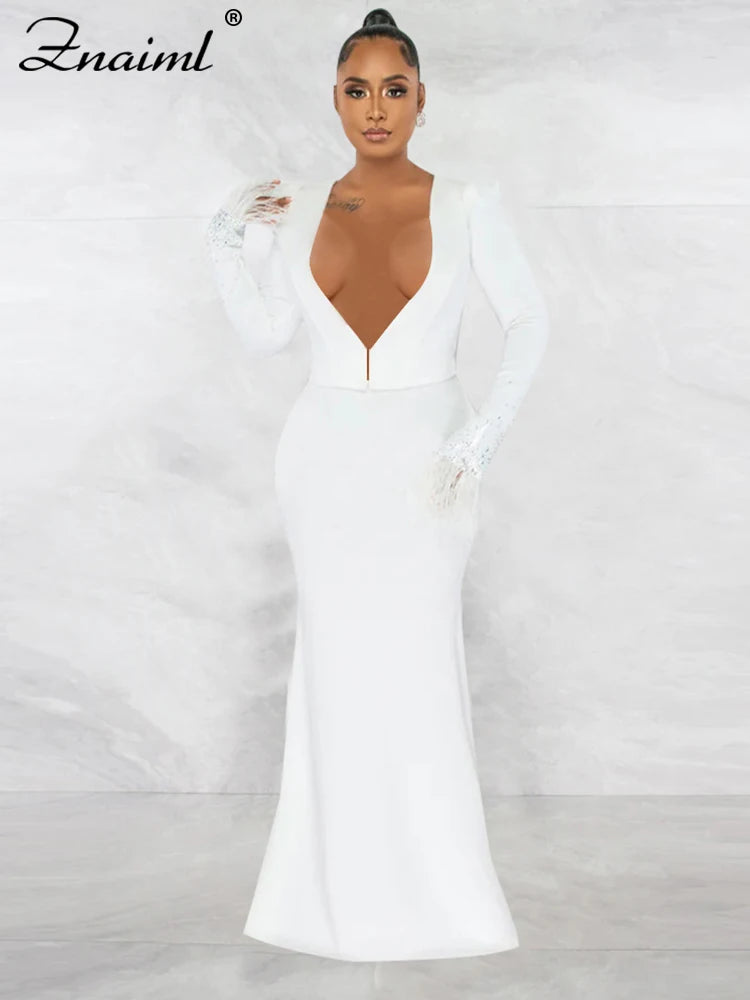 Znaiml Elegant Mermaid Skirt and Deep V Neck Feather Diamonds Long Sleeve Crop Tops Women Two Pieces Party Evening Matching Sets