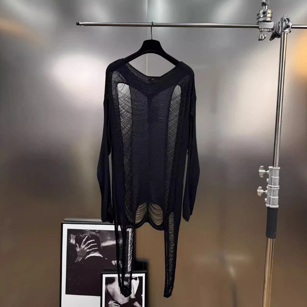 VGH Streetwear Spliced Hollow Out Summer Knitwear for Women Round Neck Long Sleeve Patchwork Asymmetrical Designer Tees Female