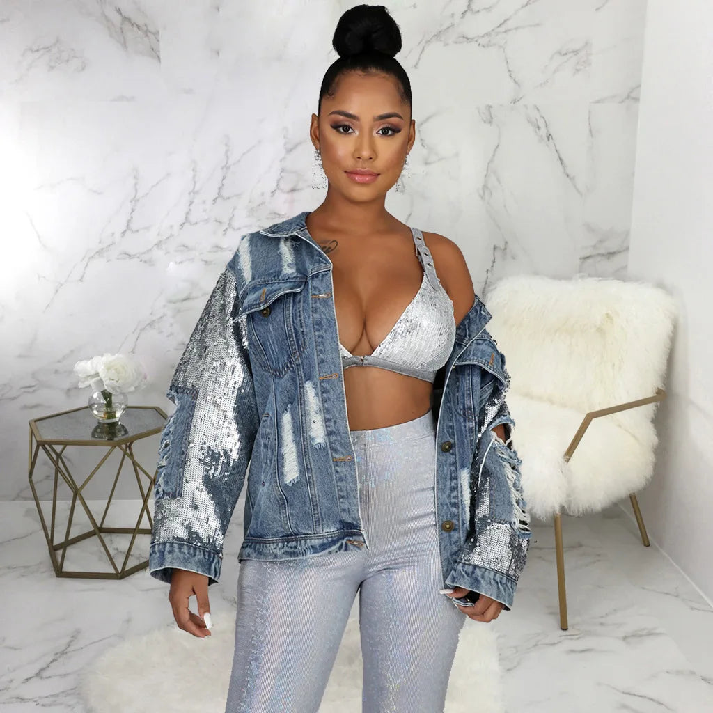 Jackets Women Denim Coat Hole Sequins Patchwork Single Breasted Turn Down Collar Y2k Vintage Streetwear 2025 Autumn Outerwear