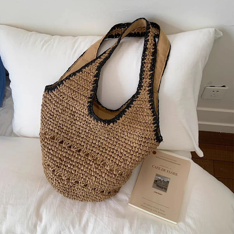 Handmade Straw Tote Bag Simple Versatile Y-shaped Luxury Fashion Shoulder Bag Women Holiday Dating Large Capacity Storage Bag