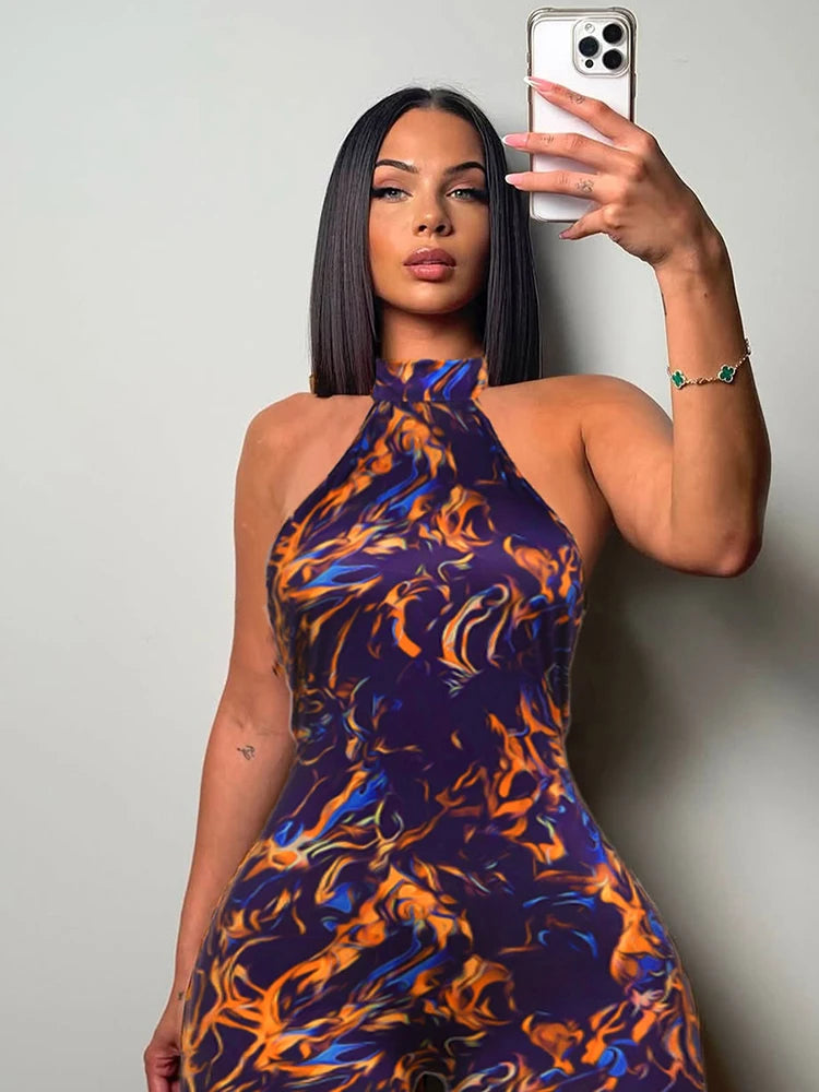 Weird Puss Sexy Print Halter Romper Women Bandage Summer Colorful Hipster Backless Activity Workout Fit Tight Stretch Playsuits