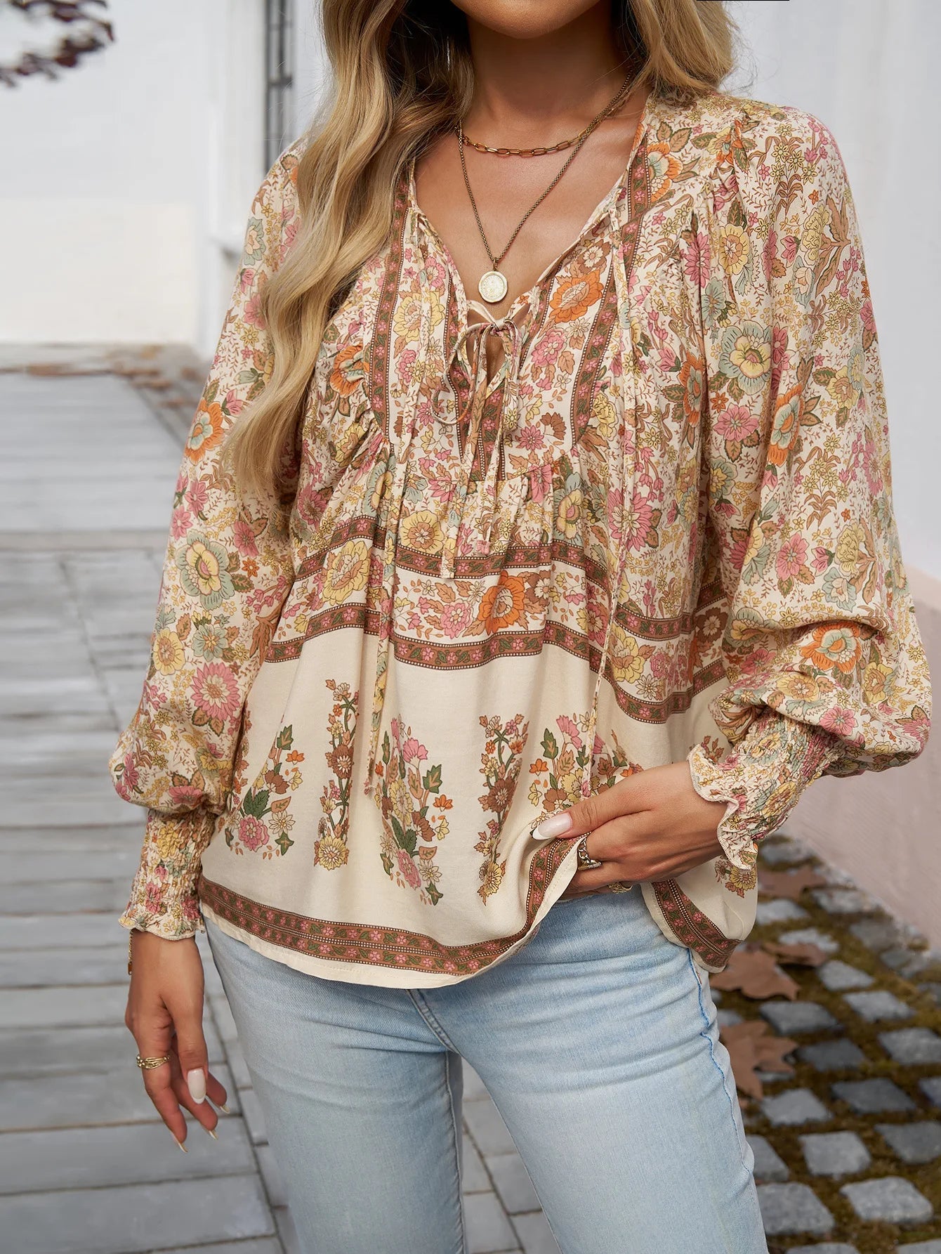 2025 Spring Summer Printed Shirt Women Elegant Chiffon V-neck Long-sleeve Top