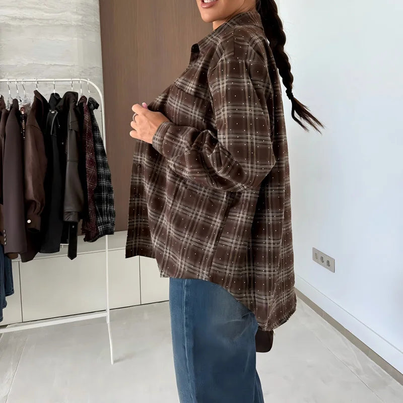 Fashion New Women's Lapel Pocket Coat Vintage Plaid Printed Long Sleeved Shirt Casual Street Wear Single Breasted Office T-shirt
