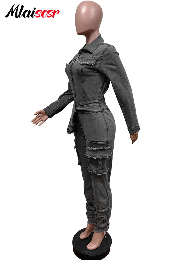 Mlaiscsr Women Stretch Denim Gray Cargo Jumpsuit with Bandage Turn Down Collar Zip-up 3D Pockets Slim Jeans Overalls Romper New