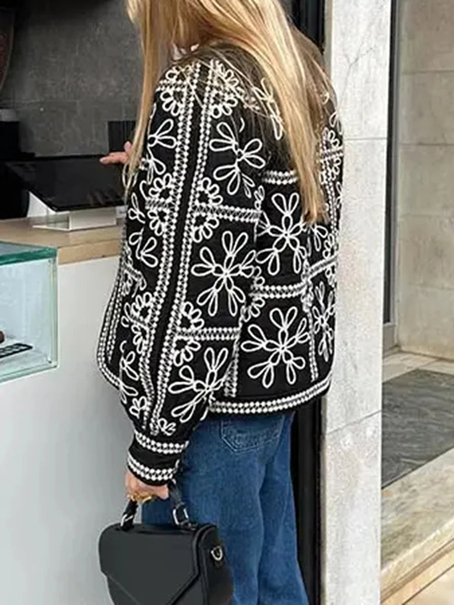 Women'S Retro Open Front Printed Embroidered Jacket, Lightweight Casual Long Sleeved Autumn Street Fashion Cardigan