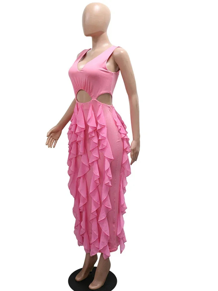Stylish Deep V Neck Ruffles Tierred Long Party Dresses For Women Cute Pink Ruched Night Out Vestidos Outfits Clubwear