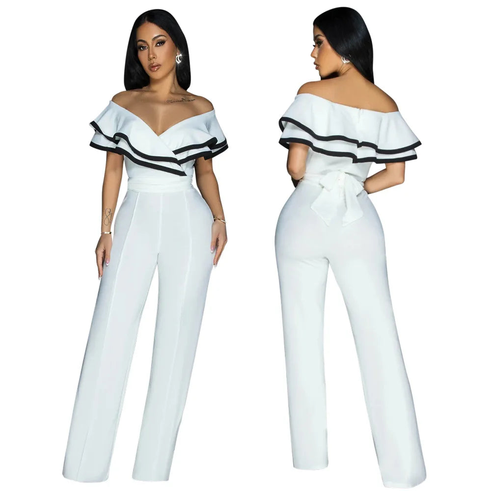 CM.YAYA Women V-neck Off Shoulder Ruffles Wide Leg Jumpsuits 2024 Summer Fashion Sexy Party Playsuit One Piece Suit Rompers