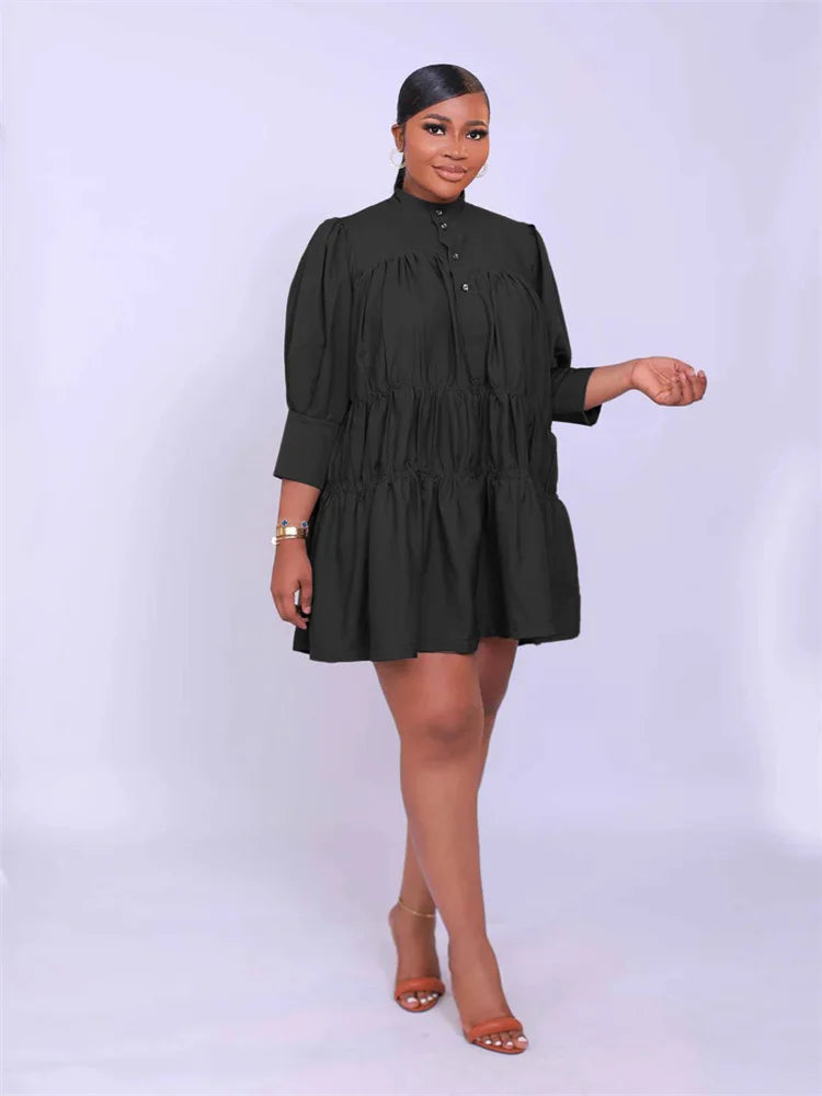 Wmstar Elegant Women Summer Solid Color Short Dress Fashion Long Sleeve High Neck High Waist Clothes Party Casual Mini Dresses