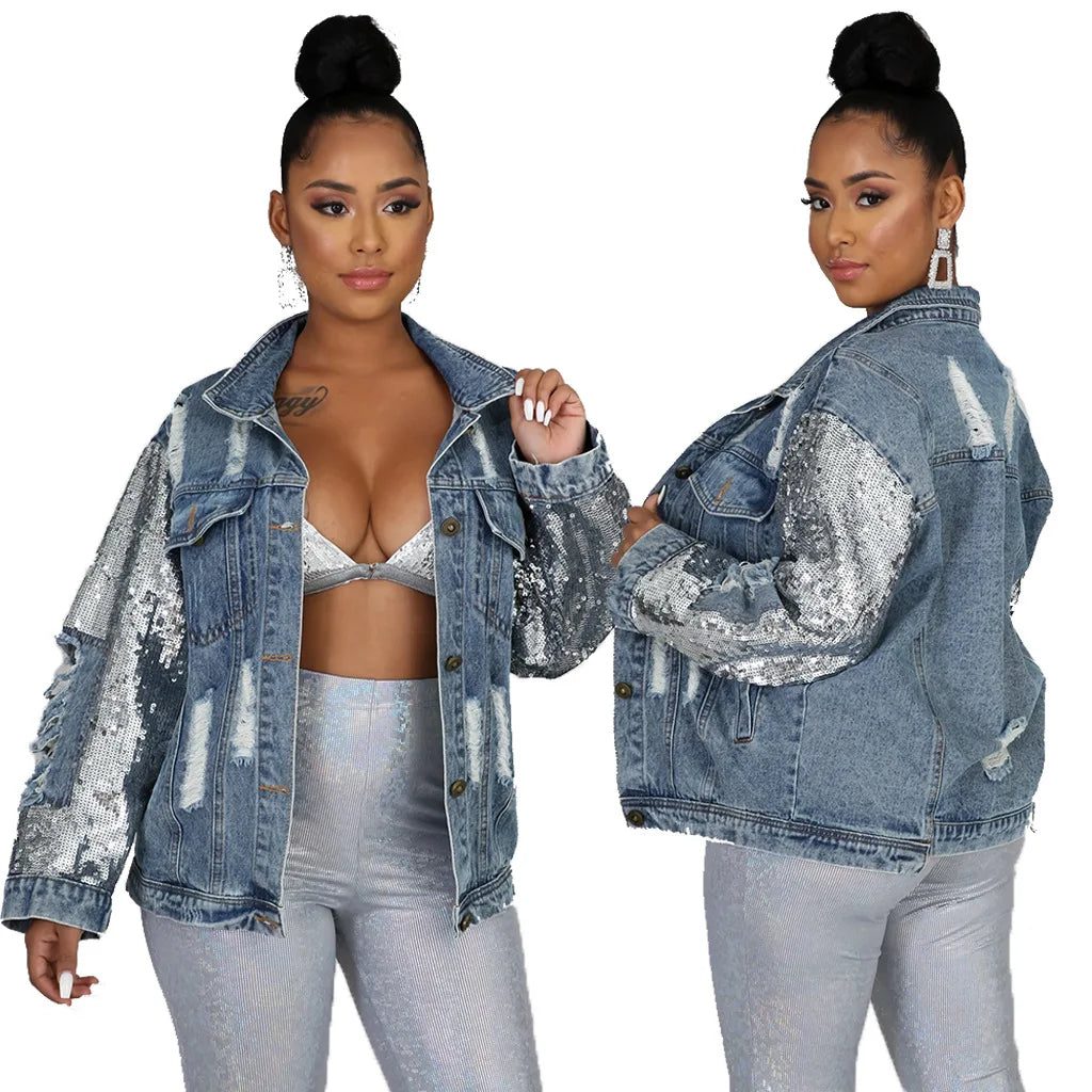Jackets Women Denim Coat Hole Sequins Patchwork Single Breasted Turn Down Collar Y2k Vintage Streetwear 2025 Autumn Outerwear