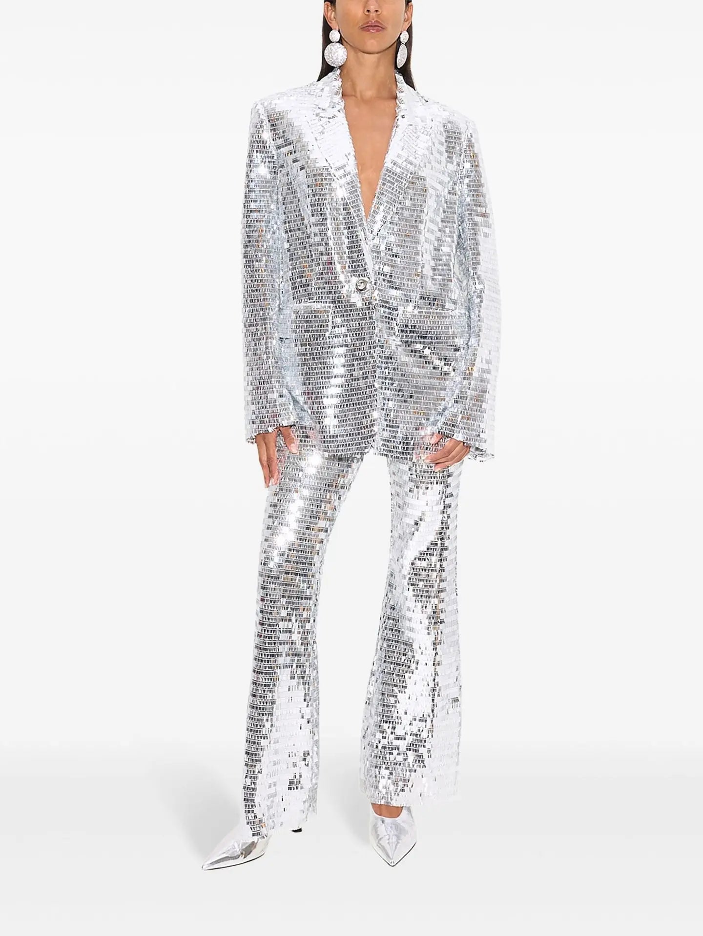 HIGH STREET Newest 2025 Stylish Designer Suit Set Women's Trim Single Button mesh Sequined Blazer Pants Set