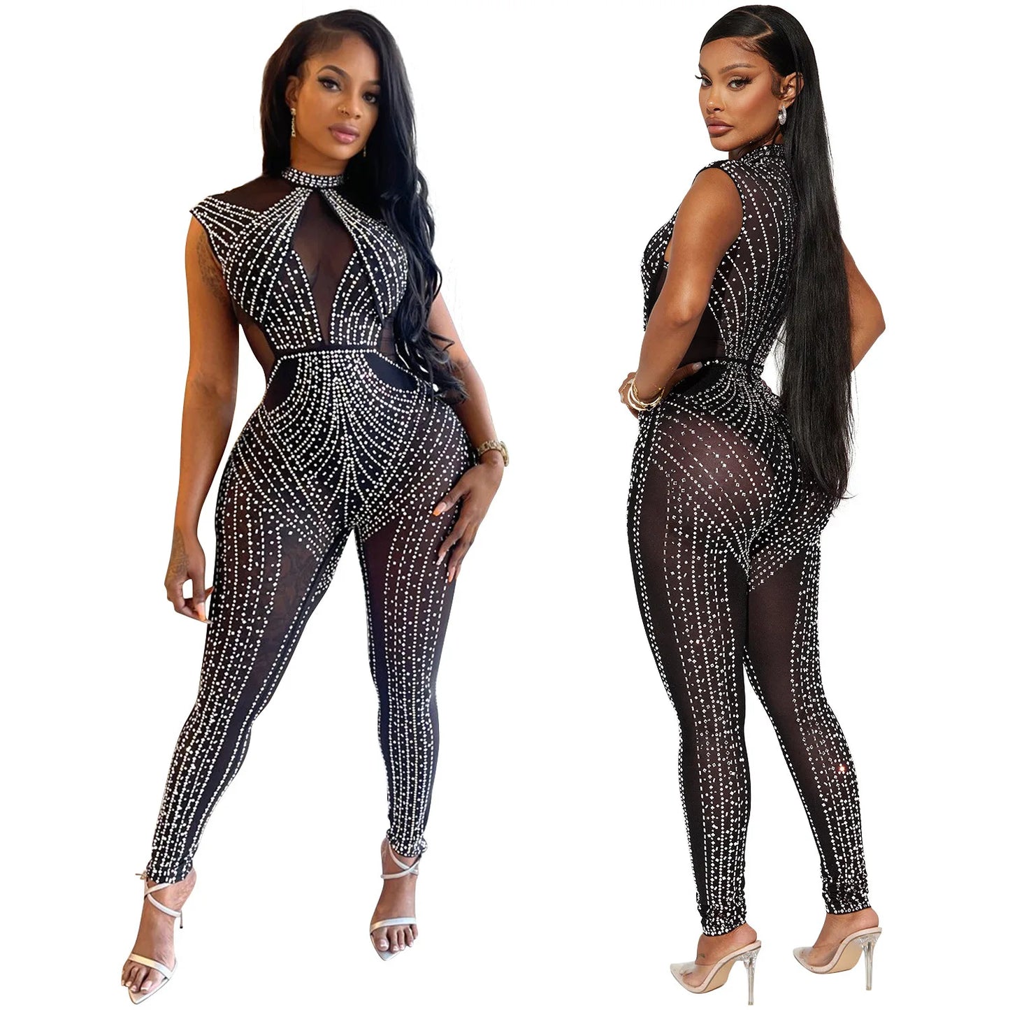 CM.YAYA 2024 Spring/Summer Women Fashion Rhinestone Mesh See Through Sleeveless Jumpsuits Sexy Party Club One Piece Suit Outfits