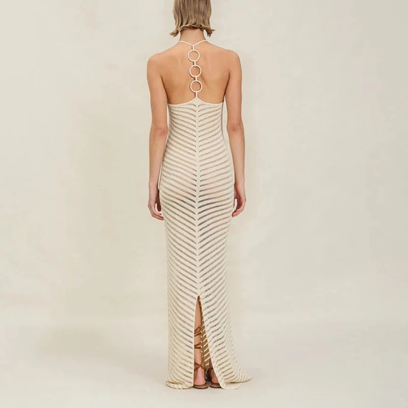 Women's O Neck Halter Knitted Long Dress Sexy Perspective Slim Sleeveless Beach Dress Fashion Backless Bodycon Wrap Hip Dresses