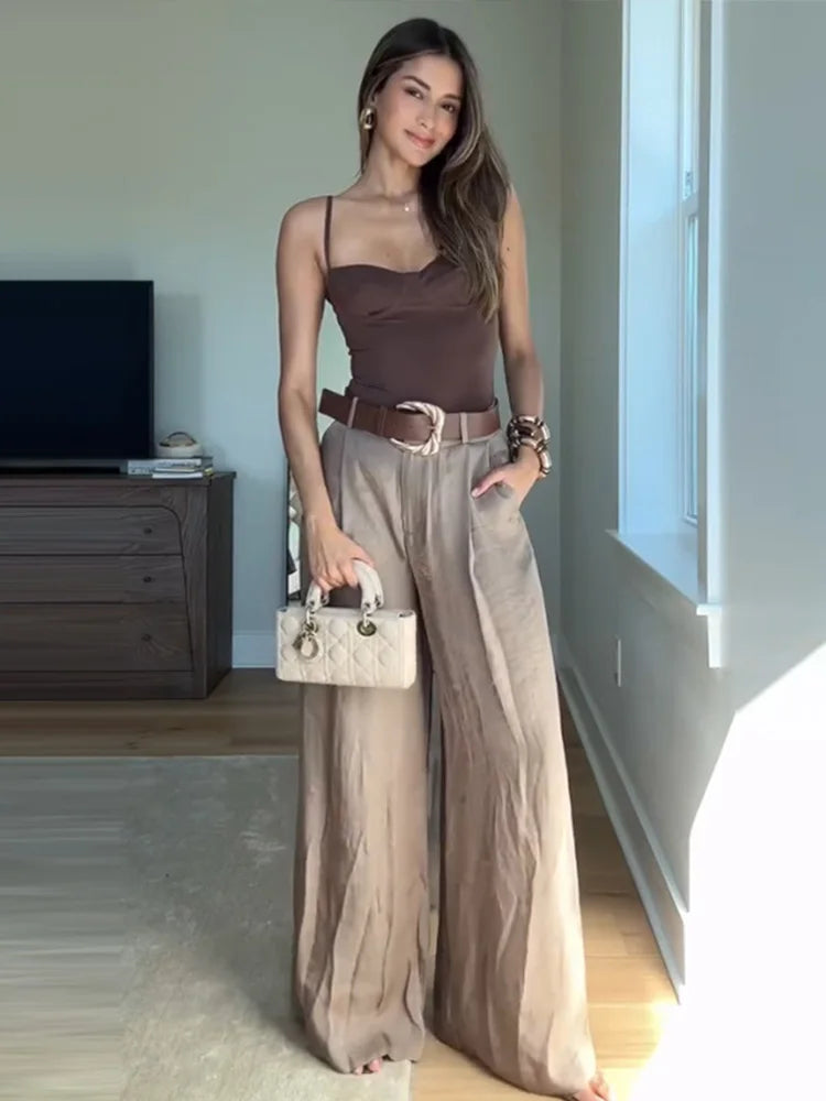 Fashion Women's Straight Pants Solid High Waist Pockets Wide Leg Long Trousers Female Lady Jumpsuit Pant High Street Wears 2025