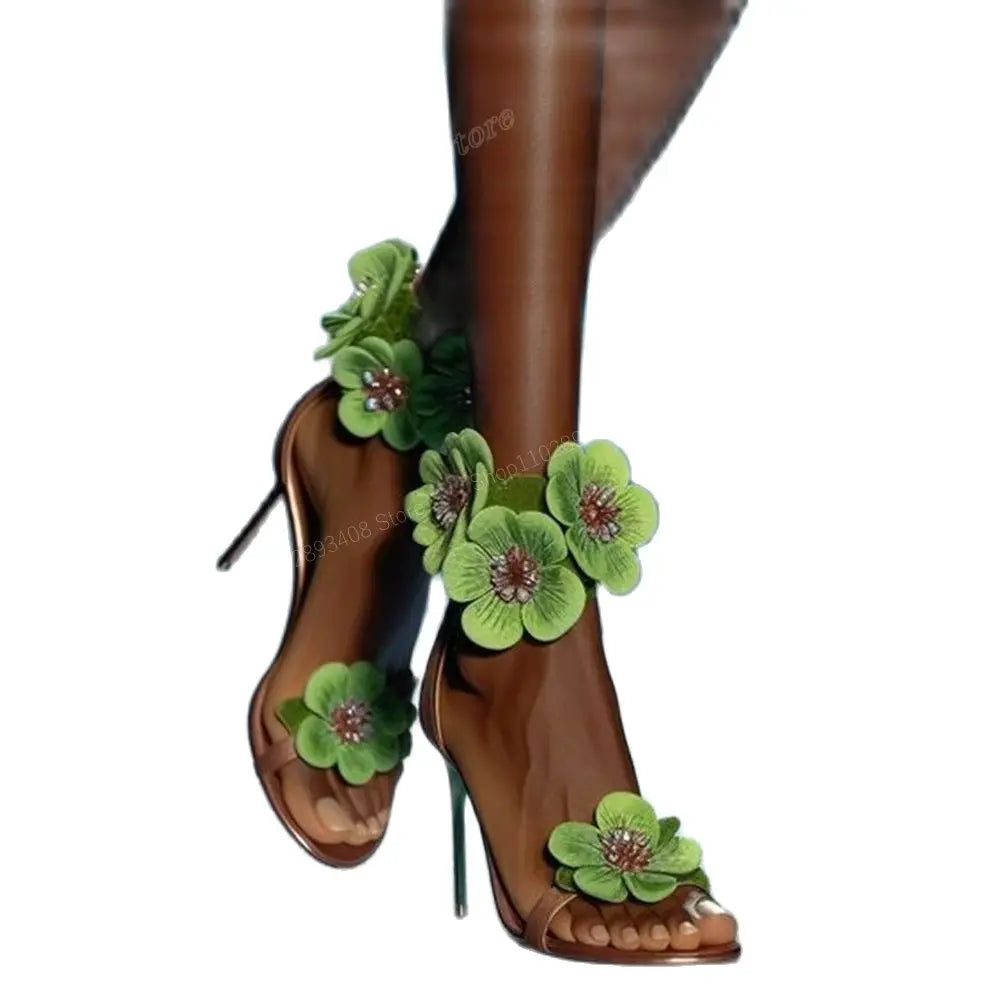 Green Flowers Design Runway Style Sandals Stiletto High Heel Ankle Buckle Strap Fashion Women Shoes 2024 Zapatos Para Mujere
