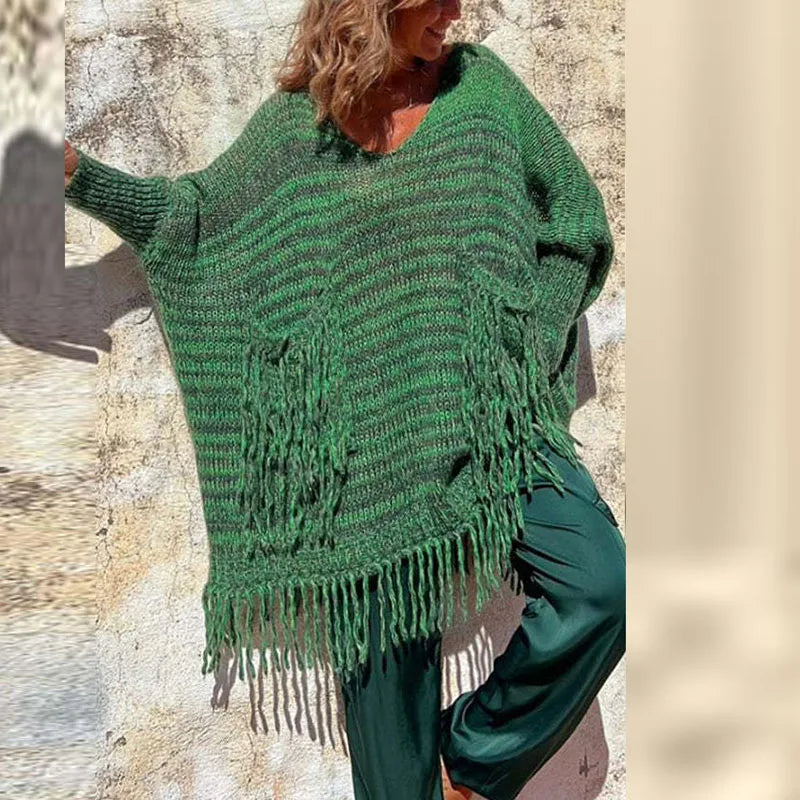 Autumn Women Solid Color Irregular Pullover Dress Fashion V Neck Long Sleeve Tassel Knitted Sweater Casual Loose Ladies Sweater