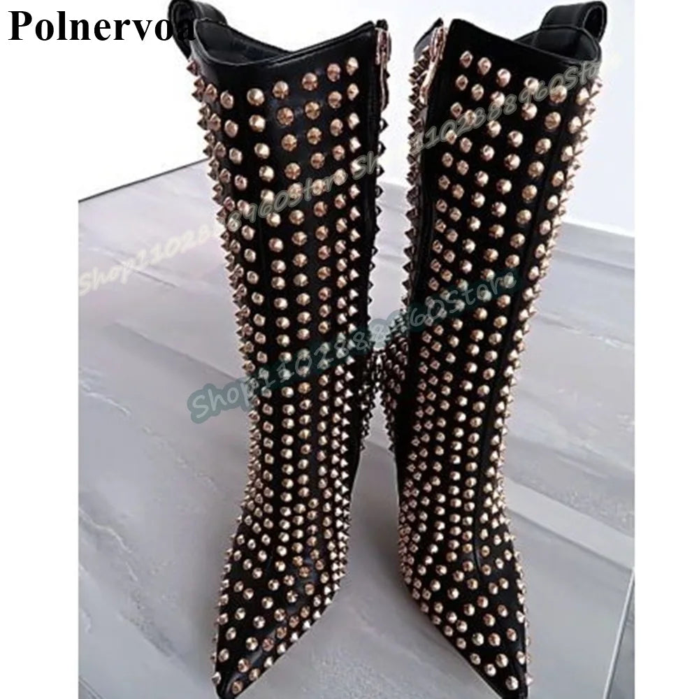 Mid Calf Black Full Rivets Pointy Boots Thin High Heel Shoes For Women Side Zipper Pointed Toe Luxury Party Sexy Women Boots