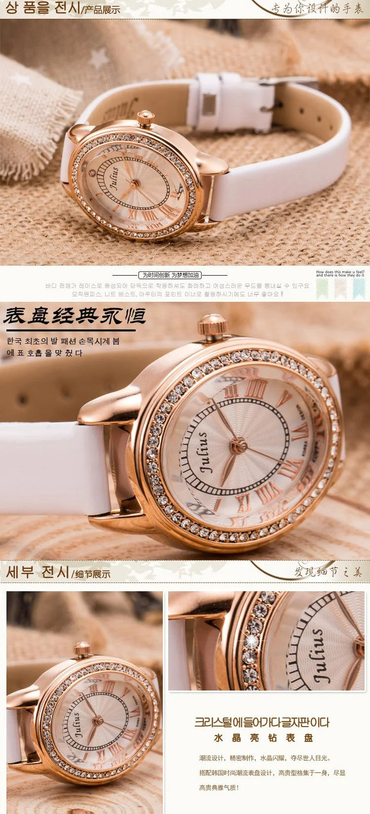 Small Oval Rhinestones Julius Lady Women's Watch Japan Quartz Elegant Fashion Hours Bracelet Leather Girl's Gift Box