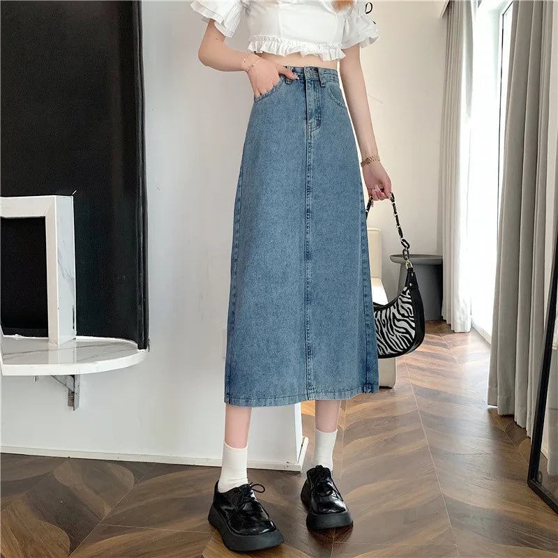 New 2022 Spring-Autumn Medium-Length Denim Skirt For Women High-Waisted Slimming Plus Size Curvy Girls A- Line Hip Covering Skir
