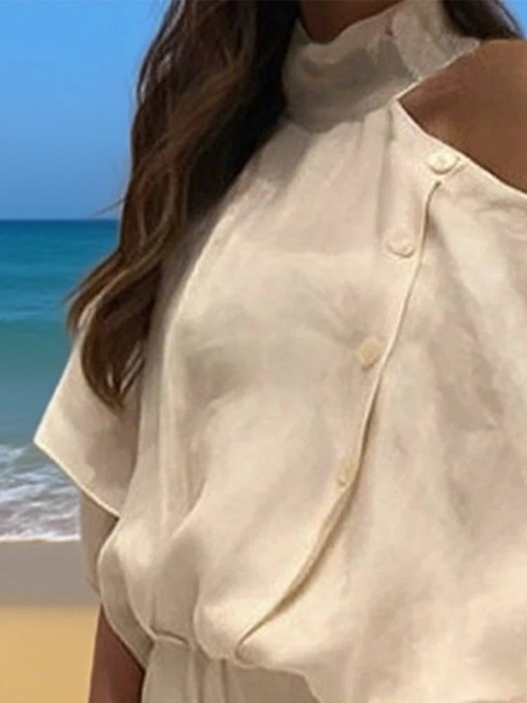elegant women's clothes fashion Irregularity Loose Hollow Solid Color Cold Shoulder Blouses&Shirts lady's creamy Tops