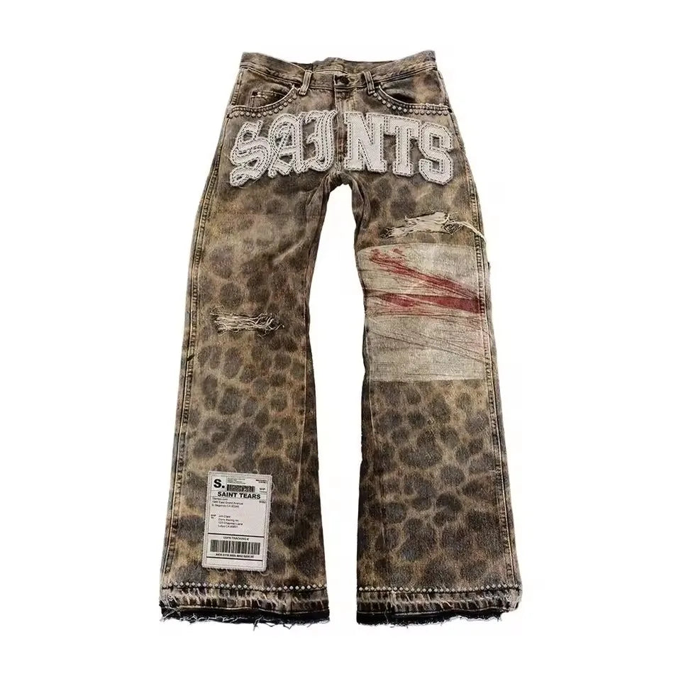 Gothic Men Women Vintage Leopard Jeans Y2K Clothes Hip Hop Letter Patchwork Embroidery Baggy Shorts Mid-rise Wide Leg Trousers