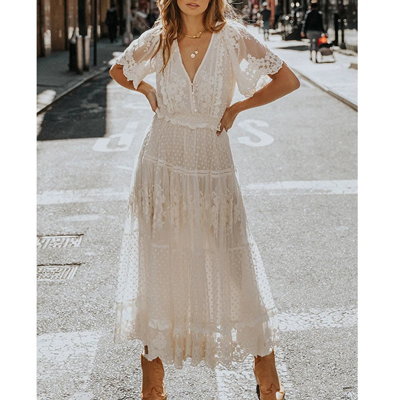 Summer Women V-Neck Embroidery Slim-Fit Short Sleeve Long Dress Beach Bohemian Wedding White Lace Dress