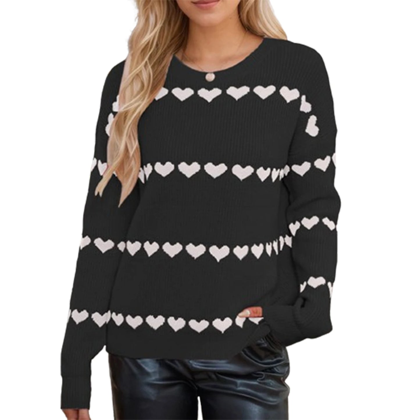 Women Valentine's Day Knit Sweater Heart Print Long Sleeve Round Neck Pullovers Fall Winter Casual Loose Knitted Jumpers Tops