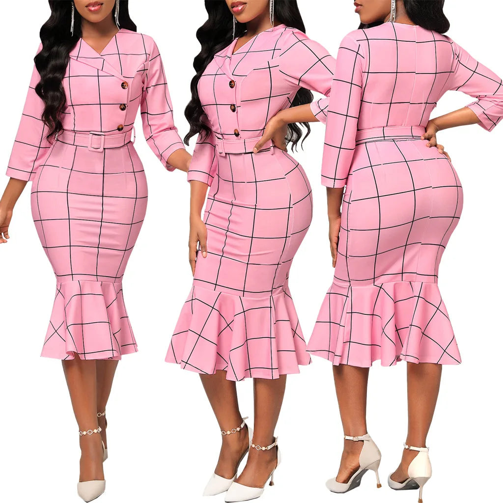 Sexy fashion solid color seven-quarter sleeve small V-neck women's dress SMR12189