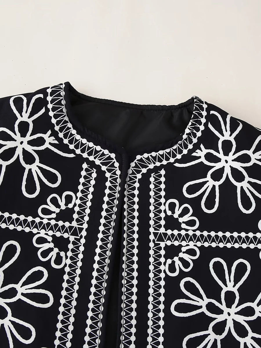 Women'S Retro Open Front Printed Embroidered Jacket, Lightweight Casual Long Sleeved Autumn Street Fashion Cardigan