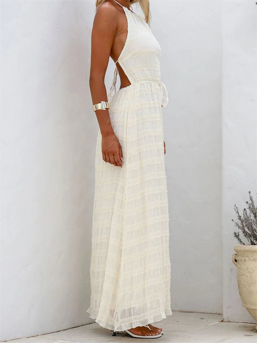 Women's Halter Neck Long Dress Frill Layered Solid Dress Drawstring Belted Sleeveless Dress