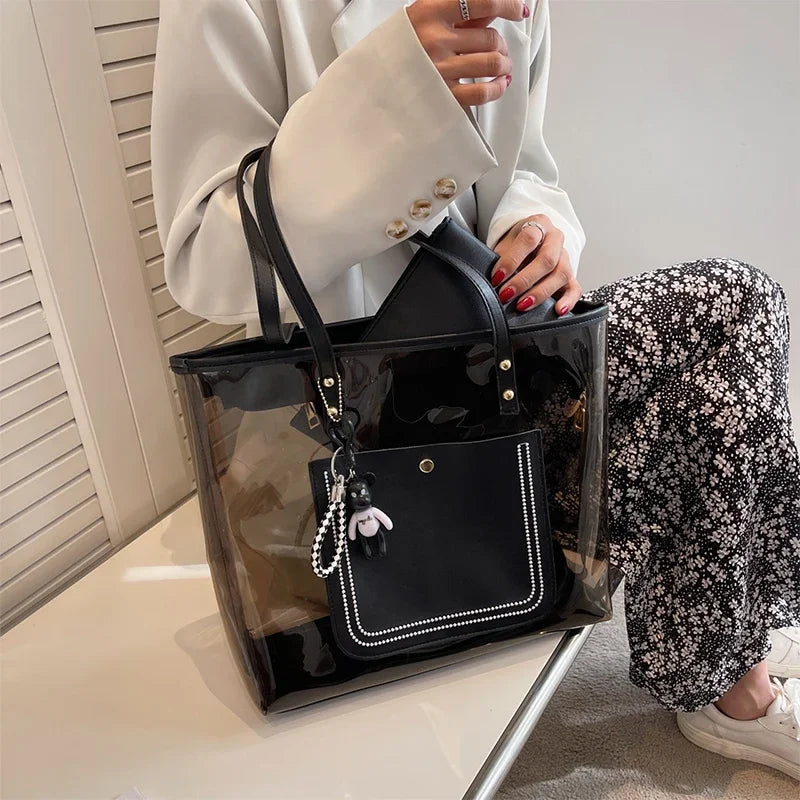 Transparent Jelly Zipper Tote Bag Large Capacity High-quality Texture Handbag Fashionable Luxury Ladies Commuter Shoulder Bag