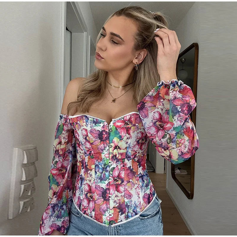 Sexy Off Shoulder Women Tops And Blouse Fashion Puff Sleeve Bodycon Crop Top Casul Holiday Beach Floral Blouses Shirt