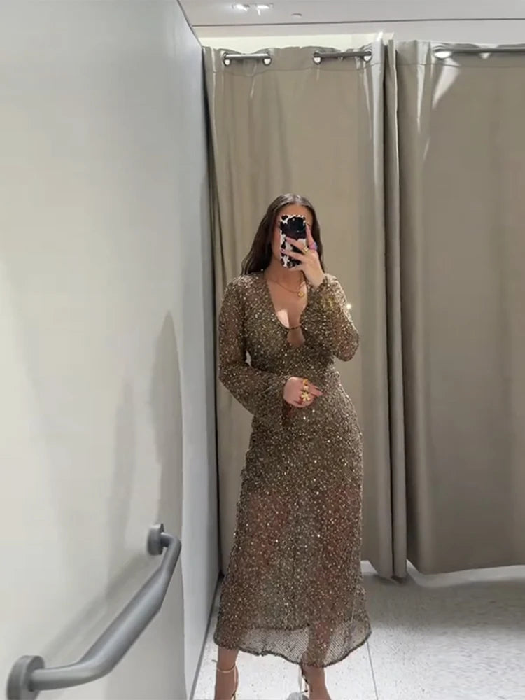 Sequin Maixi Dress Woman Deep V-neck Sparkling Lace Up Trumpet Sleeves Slim Long Dresses Sexy Perspective Party Women's Robe
