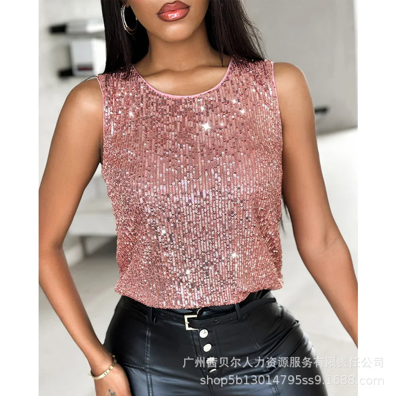 Women Glitter Sequin Round Neck Sleeveless Blouses Shirts Casual Sparkle Tank Top