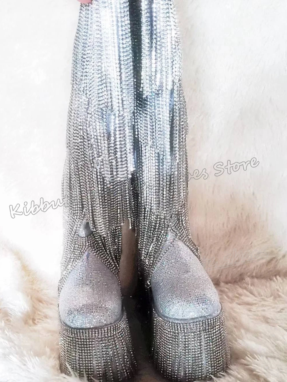 Bling Knee High Boots Platform Glossy Round Toe Thick Bottom Zipper Fashion Luxury Elegant Concise Sexy Novelty Women Shoes New