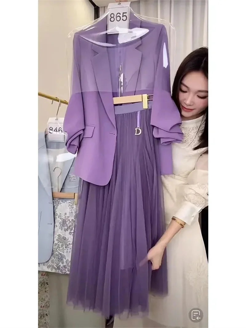 Female half Skirt Two Pieces Suit 2024 Spring Women Korean Dramas To Reduce Age Westernization Fashion Luxury Purple Suit Jacket