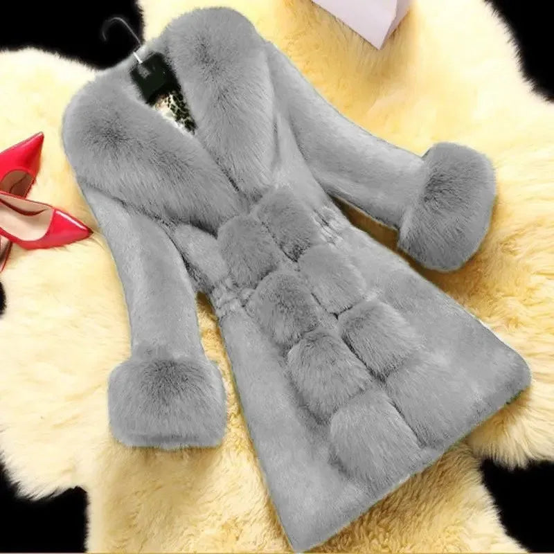 Vintage 2024 New Autumn Winter Female Mid-Long Fleece Overcoat Faux Fur Fox Fur Collar Mink Fur Coat Thicken Elegant 408