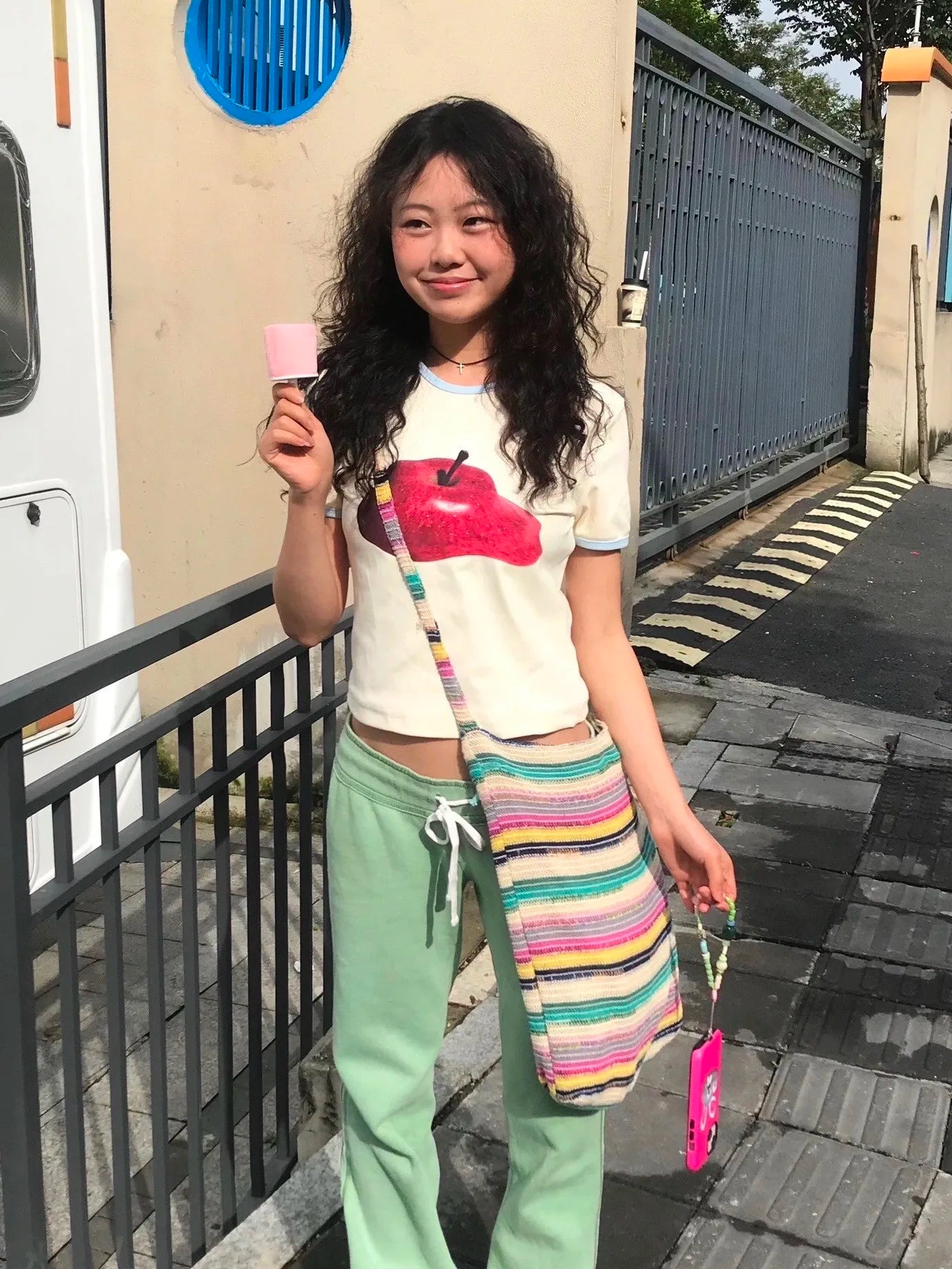Karrram Japanese Y2k Apple Print T-shirt Vintage 2000s Style Crop Top Harajuku Aesthetics Short Sleeve Tee Shirt American Retro