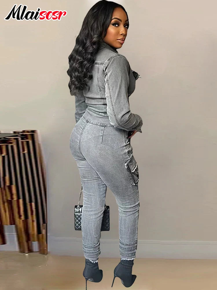 Mlaiscsr Women Stretch Denim Gray Cargo Jumpsuit with Bandage Turn Down Collar Zip-up 3D Pockets Slim Jeans Overalls Romper New