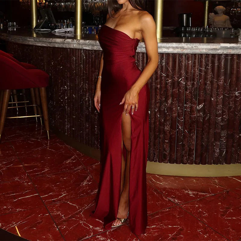 Sexy Lady Backless Slim Wrap Hip Dress 2025 Women's Strapless Split Long Dress Casual Summer High Waist Solid Satin Party Dress