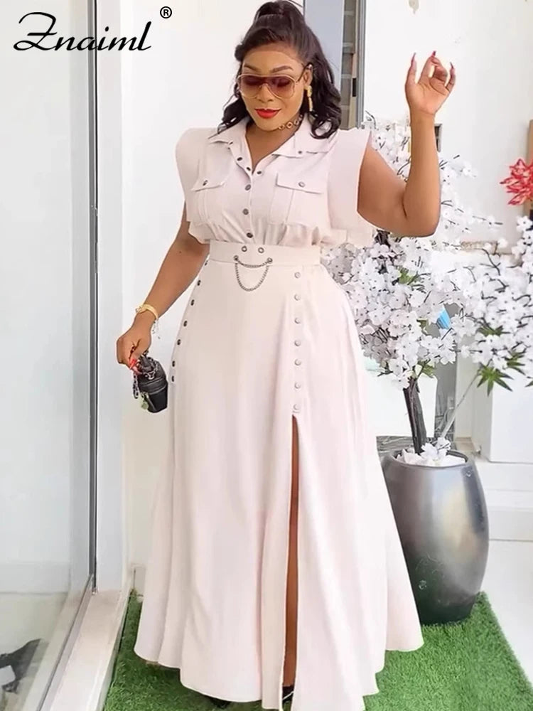 Znaiml Summer Birthday Party Evening 2 Piece Dress Set Women Sleeveless Shirt and Cargo Split Long Skirts Suit Vacation Outfits