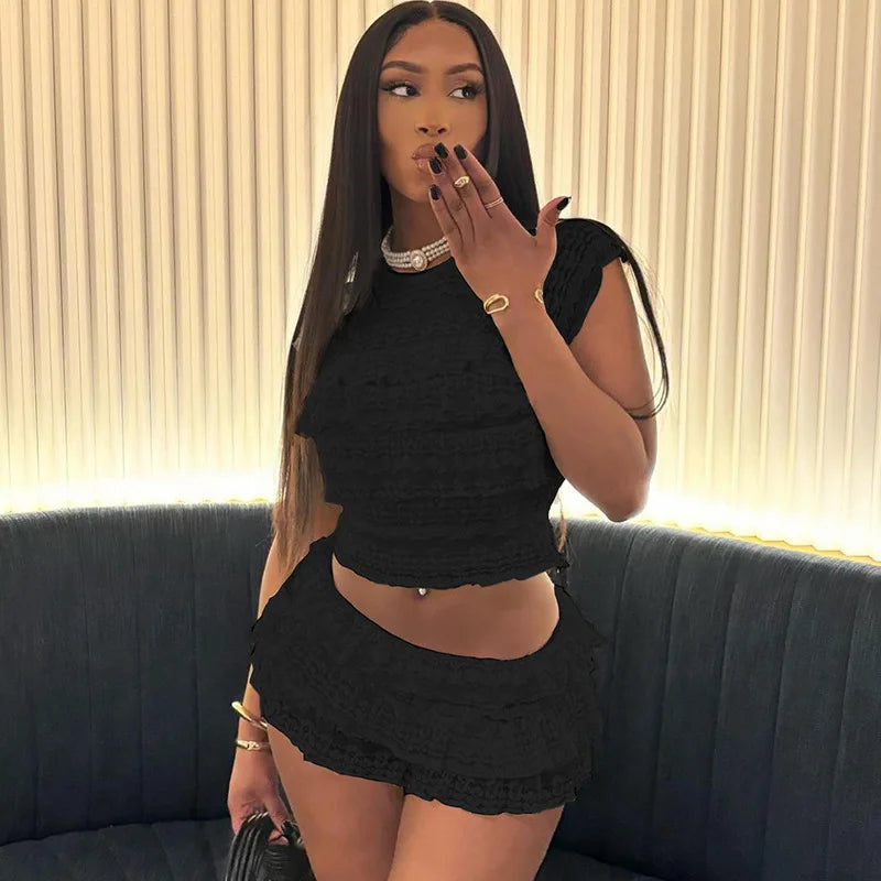 Two Piece Women Crop Top And Mini Skirt Matching Set 2024 New Summer Fashion Sexy White Lace Ruffle Ruched Skirts Outfits